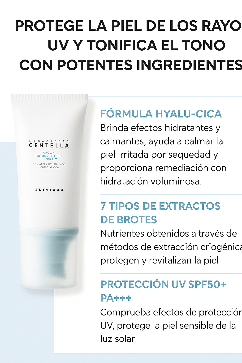 Protector Solar SKIN 1004 CENTELLA +50 FPS Acido Hialuronico crema aclaradora COREANA
